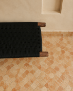 Black cord bench with storage handcrafted from solid eucalyptus wood