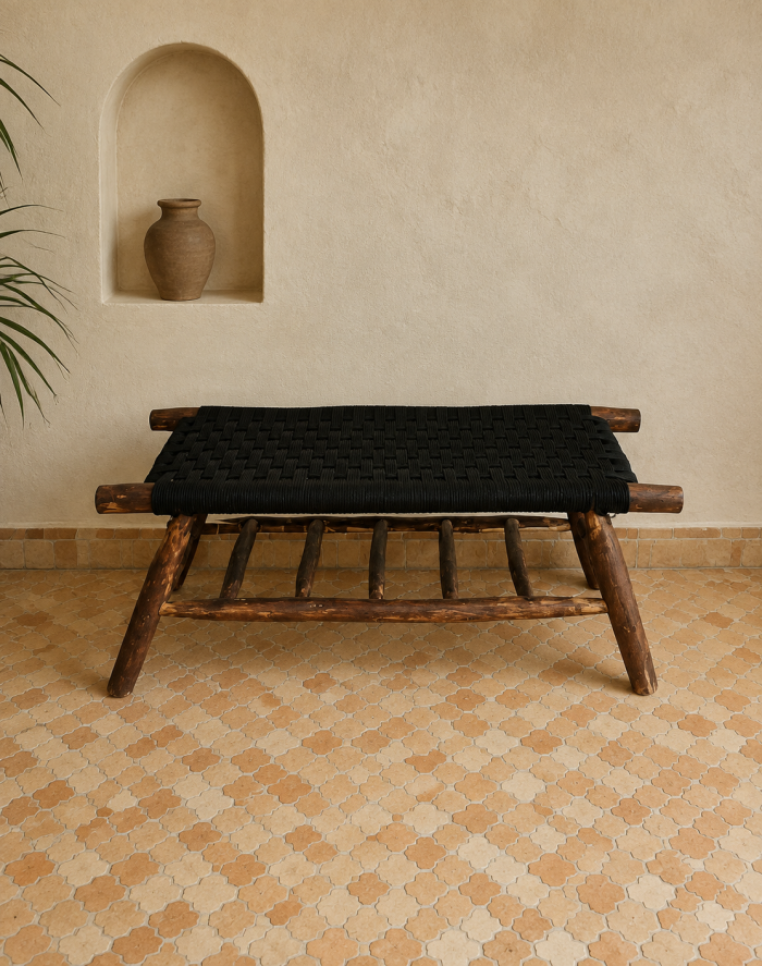 Black cord bench with storage handcrafted from solid eucalyptus wood