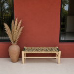 Green Cord & Palm Leaf Bench handcrafted from solid eucalyptus wood with handwoven green cord and natural palm leaf weaving