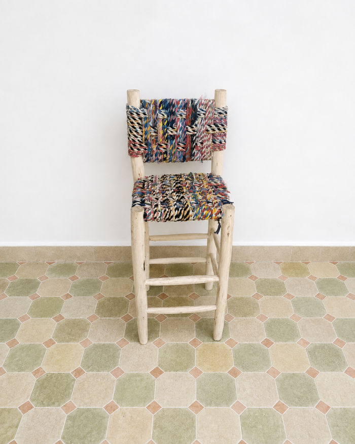 Boucherouite Bar Stool handcrafted from solid wood with a colorful handwoven Boucherouite seat