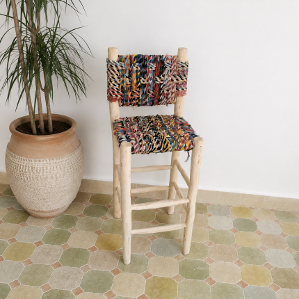 Boucherouite Bar Stool handcrafted from solid wood with a colorful handwoven Boucherouite seat
