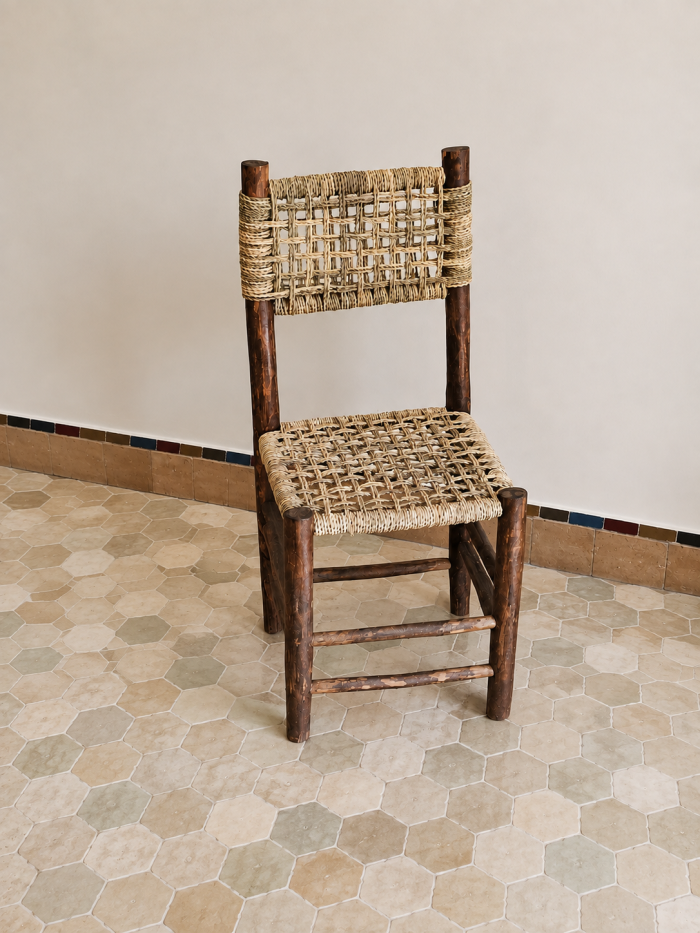 Palm Leaf Wooden Chair handcrafted from solid wood with a natural handwoven palm leaf seat