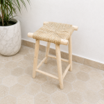 Natural Palm Leaf Counter Stool handcrafted from solid wood with a handwoven natural palm leaf seat