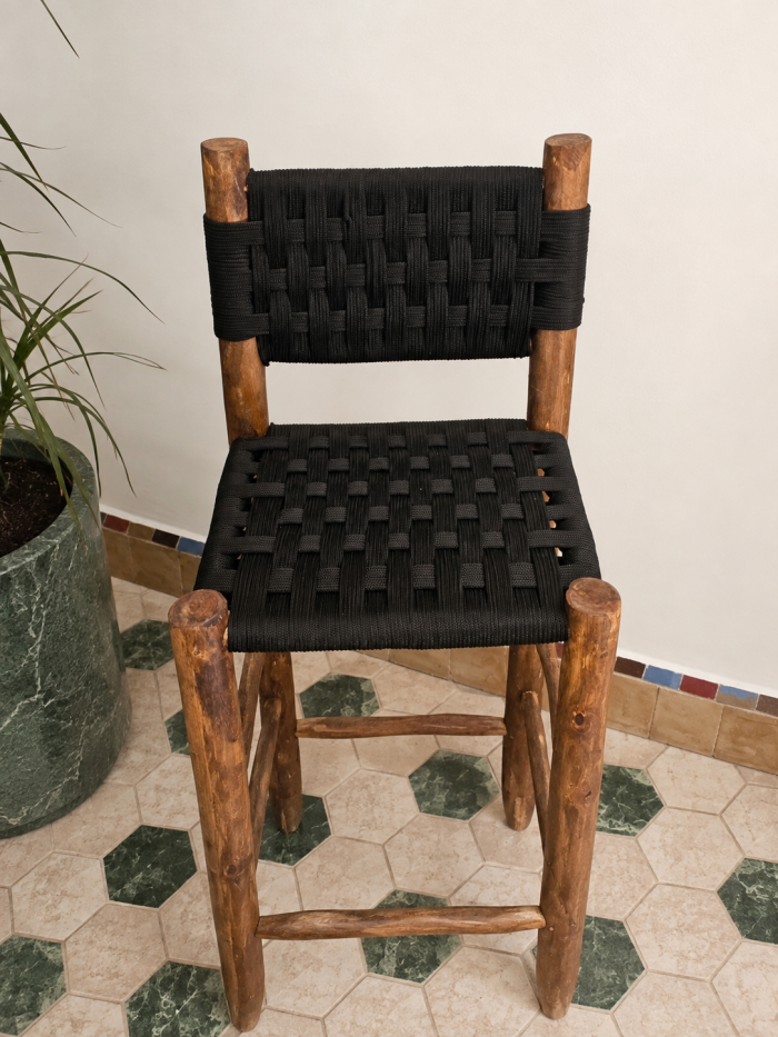 Black Cord Counter Stool handcrafted from solid wood with a durable handwoven black cord seat