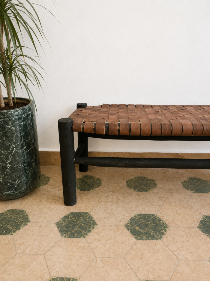 Black Wood Leather Bench handcrafted from solid black wood with a genuine leather seat