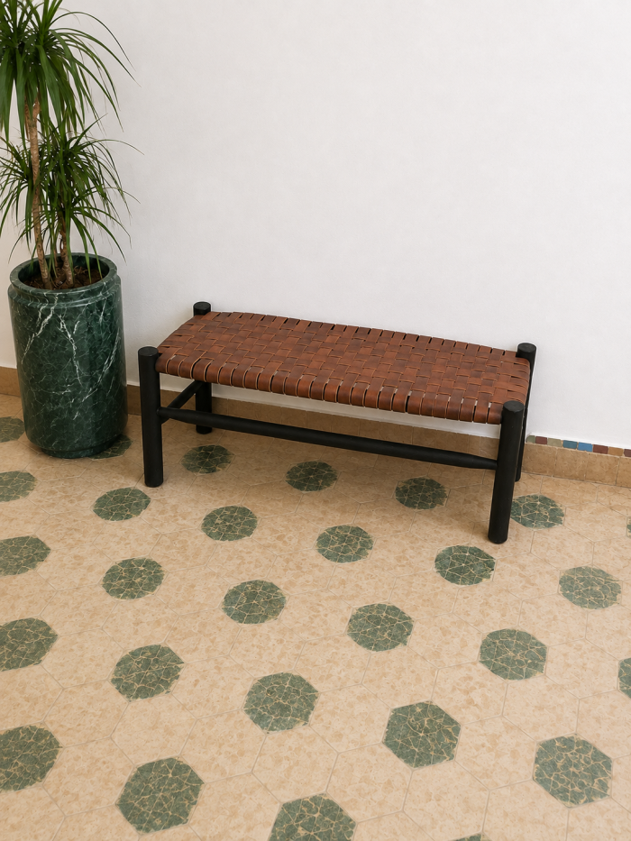 Black Wood Leather Bench handcrafted from solid black wood with a genuine leather seat