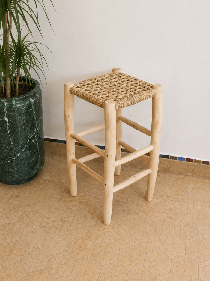 Woven Palm Leaf Bar Chair handcrafted from solid wood with a natural handwoven palm leaf seat