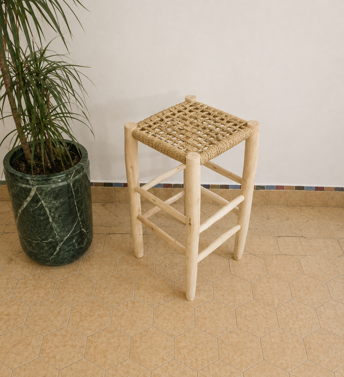 Woven Palm Leaf Bar Chair handcrafted from solid wood with a natural handwoven palm leaf seat