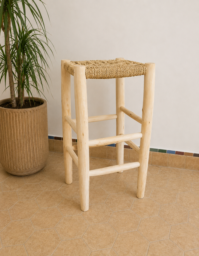 Woven Palm Leaf Bar Chair handcrafted from solid wood with a natural handwoven palm leaf seat