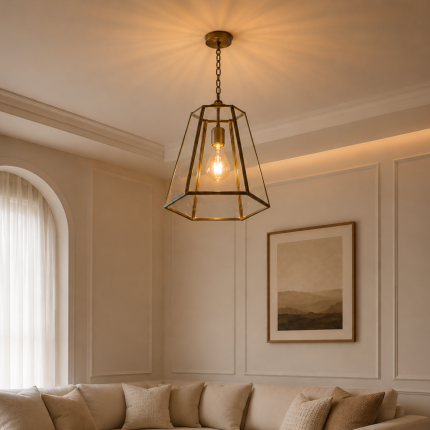 Handmade trapezoid glass pendant light with clear panels and geometric metal frame hanging from ceiling.