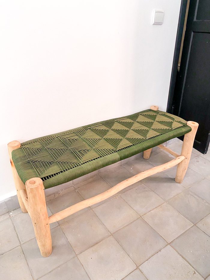 Handmade Green Cord Bench handcrafted from solid eucalyptus wood with a handwoven green cord seat