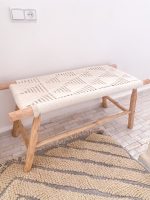 White Cord Bench handcrafted from solid wood with a handwoven white cord seat