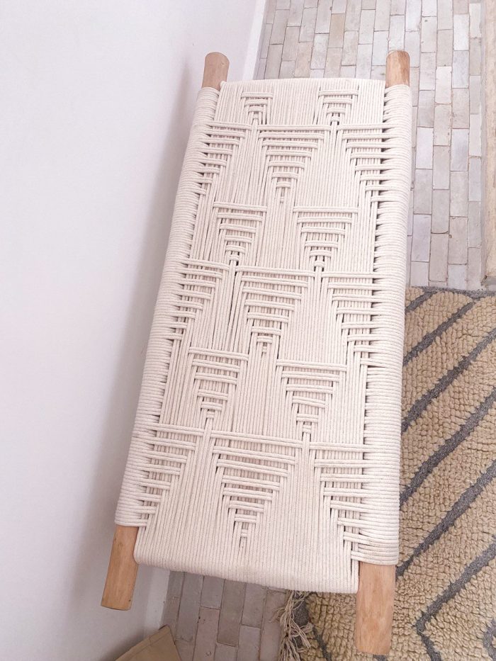 White Cord Bench handcrafted from solid wood with a handwoven white cord seat