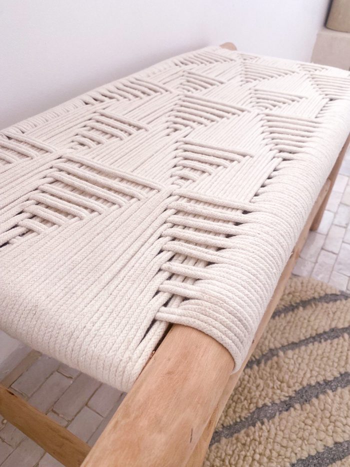 White Cord Bench handcrafted from solid wood with a handwoven white cord seat