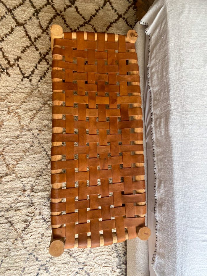Moroccan Brown Leather Bench handcrafted from solid wood with a genuine brown leather seat