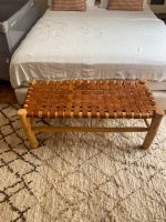 Moroccan Brown Leather Bench handcrafted from solid wood with a genuine brown leather seat