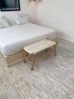 White Cord Bench handcrafted from solid wood with a handwoven white cord seat