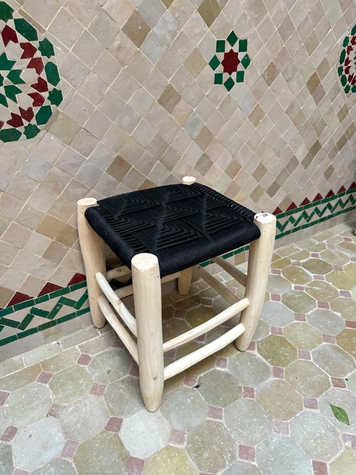 Small Black Rope Stool handcrafted from solid wood with a handwoven black rope seat
