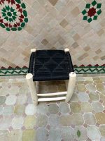 Small Black Rope Stool handcrafted from solid wood with a handwoven black rope seat