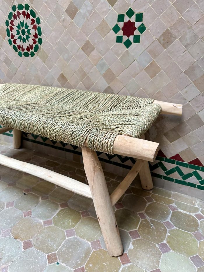 Handwoven Palm Leaf Bench handcrafted from solid eucalyptus wood with a natural woven palm leaf seat