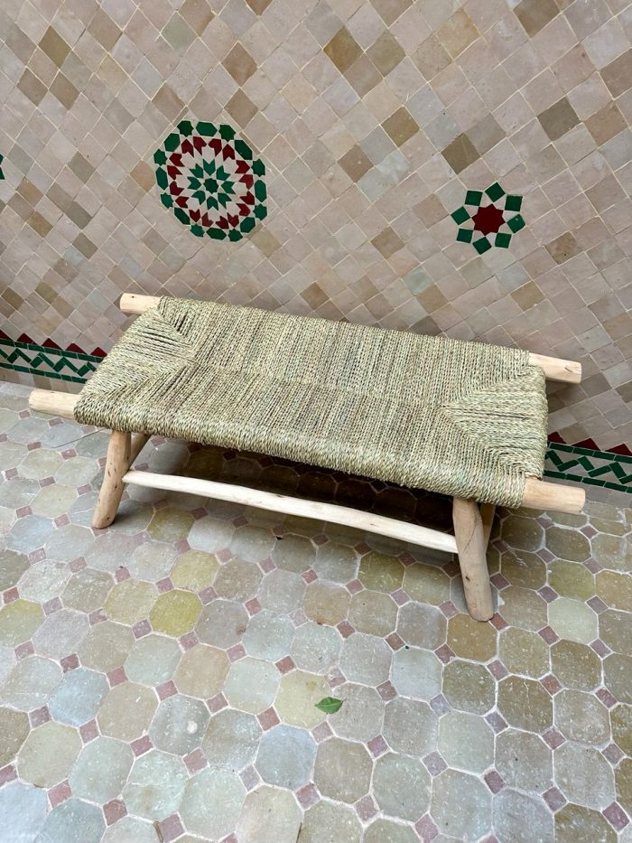 Handwoven Palm Leaf Bench handcrafted from solid eucalyptus wood with a natural woven palm leaf seat