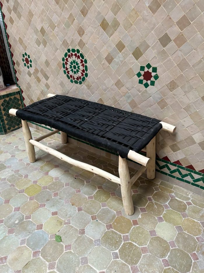 Handwoven Black Cord Bench handcrafted from solid eucalyptus wood with a woven black cord seat