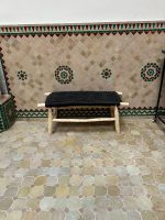 Handwoven Black Cord Bench handcrafted from solid eucalyptus wood with a woven black cord seat