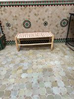 Moroccan Natural Leather Bench handcrafted from solid wood with a genuine natural leather seat