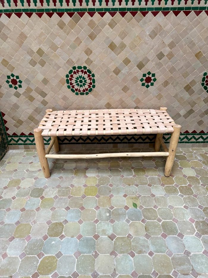 Moroccan Natural Leather Bench handcrafted from solid wood with a genuine natural leather seat
