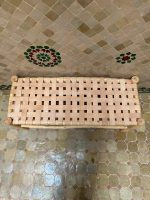 Moroccan Natural Leather Bench handcrafted from solid wood with a genuine natural leather seat