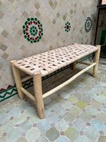Moroccan Natural Leather Bench handcrafted from solid wood with a genuine natural leather seat
