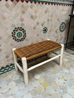 Caramel Brown Cord Bench handcrafted from solid eucalyptus wood with a handwoven caramel brown cord seat