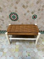 Caramel Brown Cord Bench handcrafted from solid eucalyptus wood with a handwoven caramel brown cord seat