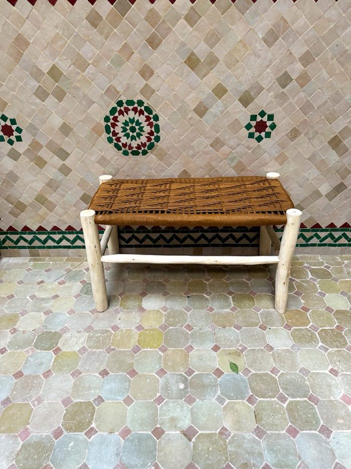 Caramel Brown Cord Bench handcrafted from solid eucalyptus wood with a handwoven caramel brown cord seat