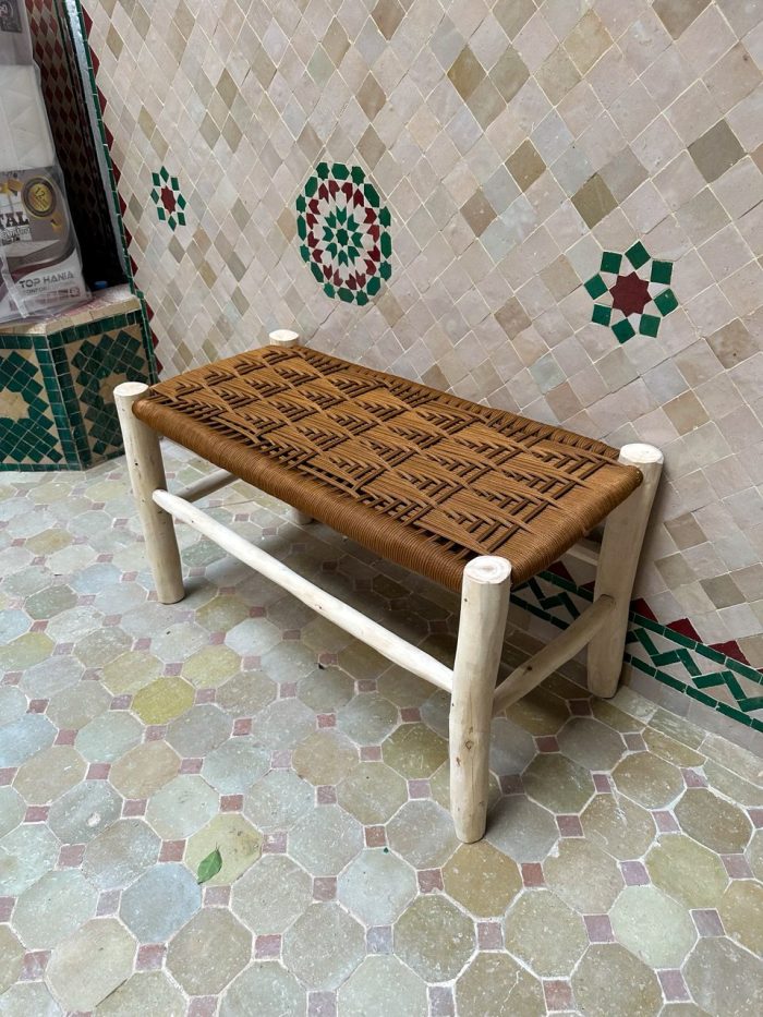 Caramel Brown Cord Bench handcrafted from solid eucalyptus wood with a handwoven caramel brown cord seat