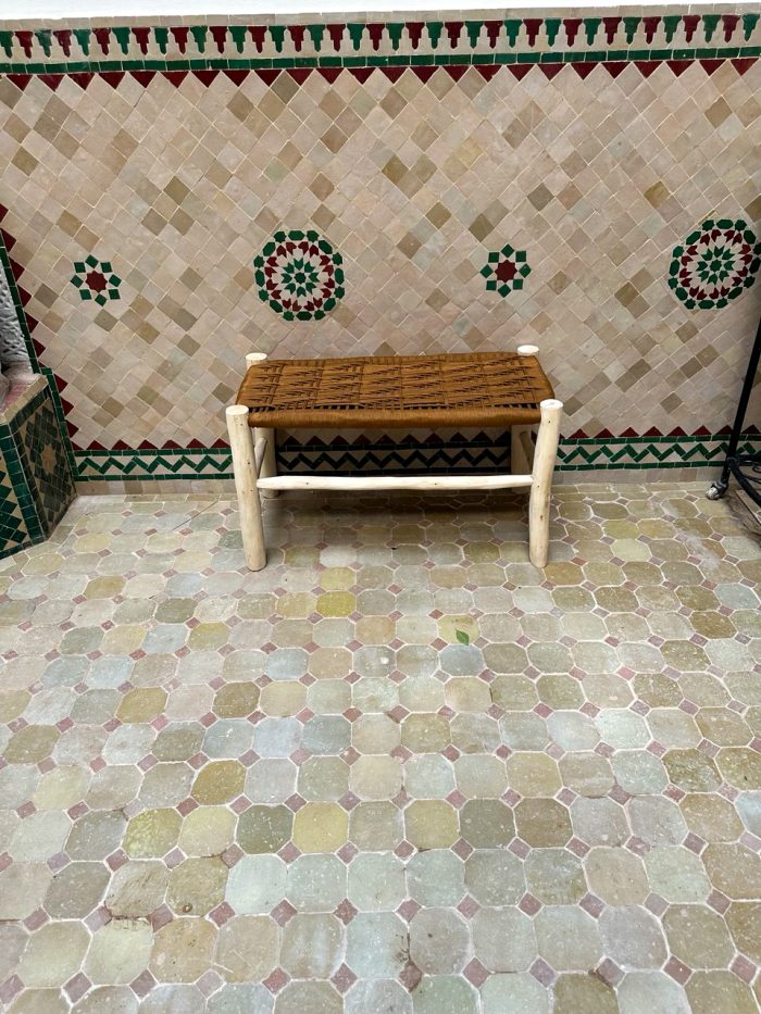 Caramel Brown Cord Bench handcrafted from solid eucalyptus wood with a handwoven caramel brown cord seat