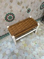 Caramel Brown Cord Bench handcrafted from solid eucalyptus wood with a handwoven caramel brown cord seat