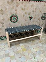 Moroccan Black Leather Bench handcrafted from solid wood with a genuine black leather seat