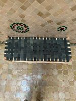 Moroccan Black Leather Bench handcrafted from solid wood with a genuine black leather seat