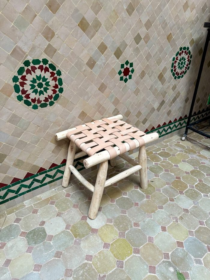 Small Natural Leather Bench handcrafted from solid wood with a genuine natural leather seat