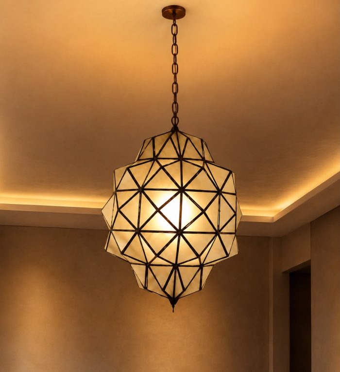 Geometric Glass Pendant Light with faceted glass panels and handcrafted metal frame