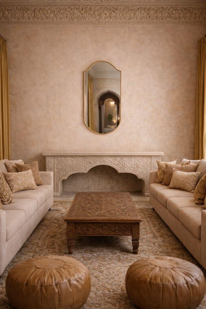 Handmade curved crown brass wall mirror with softly arched top and solid brass frame above bathroom vanity.