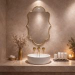 Handmade scalloped brass bathroom mirror with decorative curved frame
