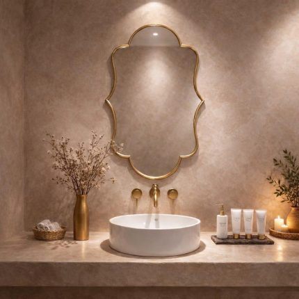 Handmade scalloped brass bathroom mirror with decorative curved frame