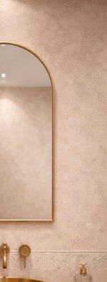 Handmade arched brass wall mirror with slim gold brass frame displayed above a bathroom vanity.