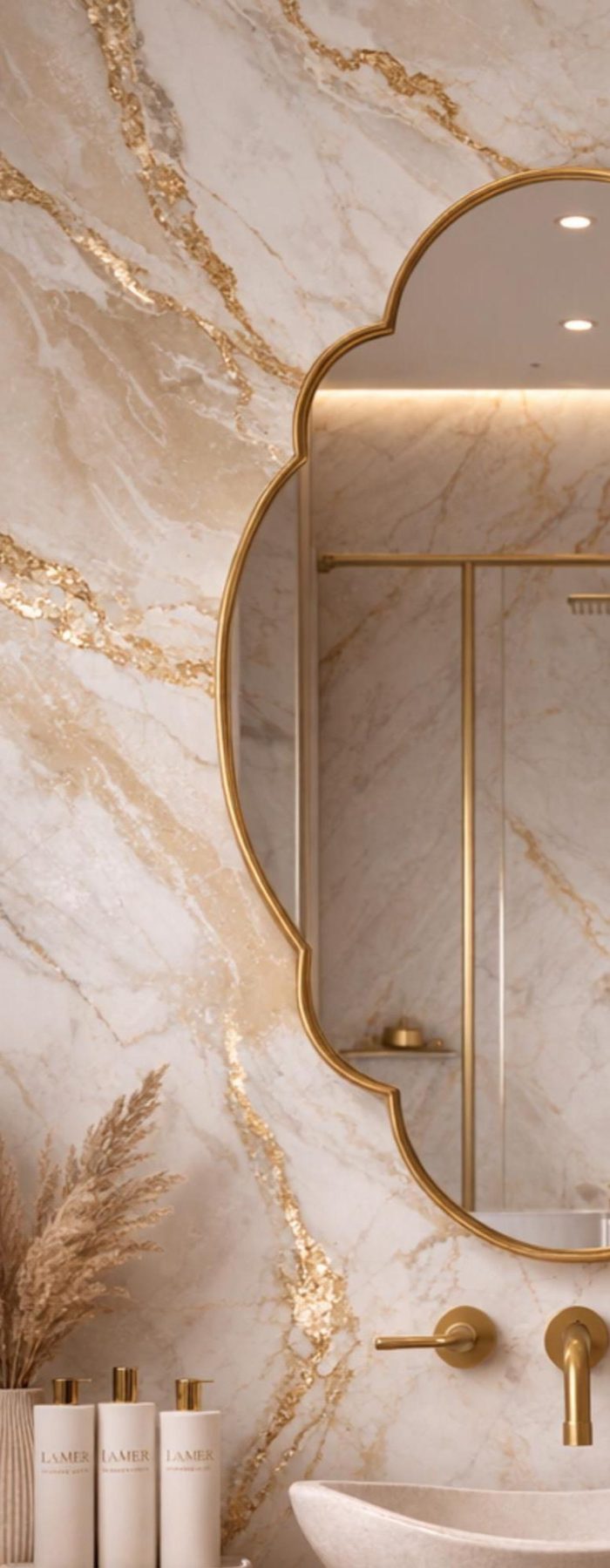 Quatrefoil Brass Mirror with sculpted frame above bathroom vanity