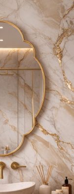 Quatrefoil Brass Mirror with sculpted frame above bathroom vanity