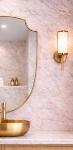 Curved Shield Brass Mirror displayed above entryway console with slim brass frame