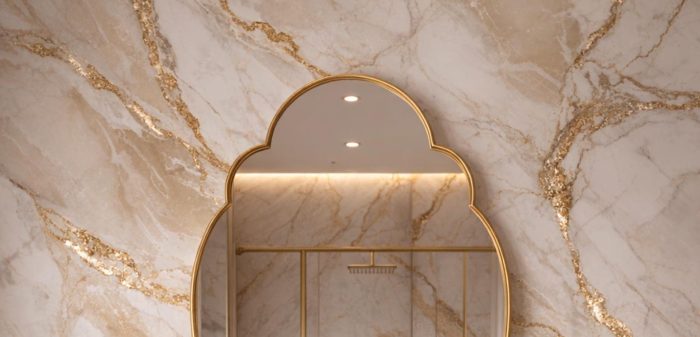 Quatrefoil Brass Mirror with sculpted frame above bathroom vanity