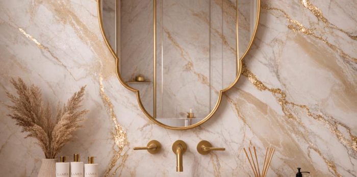 Quatrefoil Brass Mirror with sculpted frame above bathroom vanity